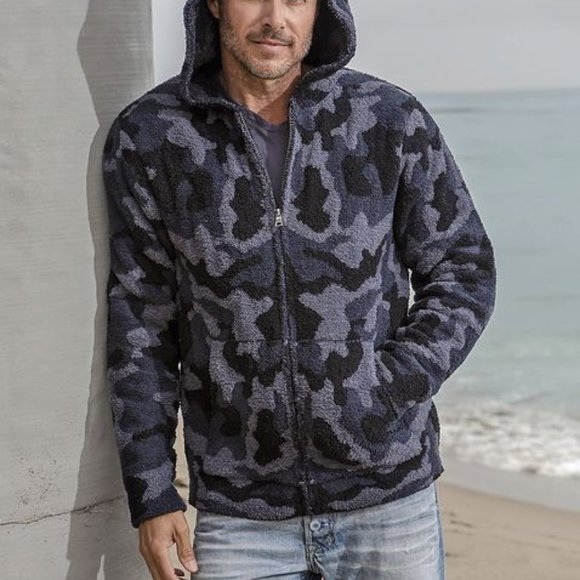 Barefoot Dreams Cozychic Indigo Black Camo Print Zip-Up Hoodie 1X Gray Jacket XL